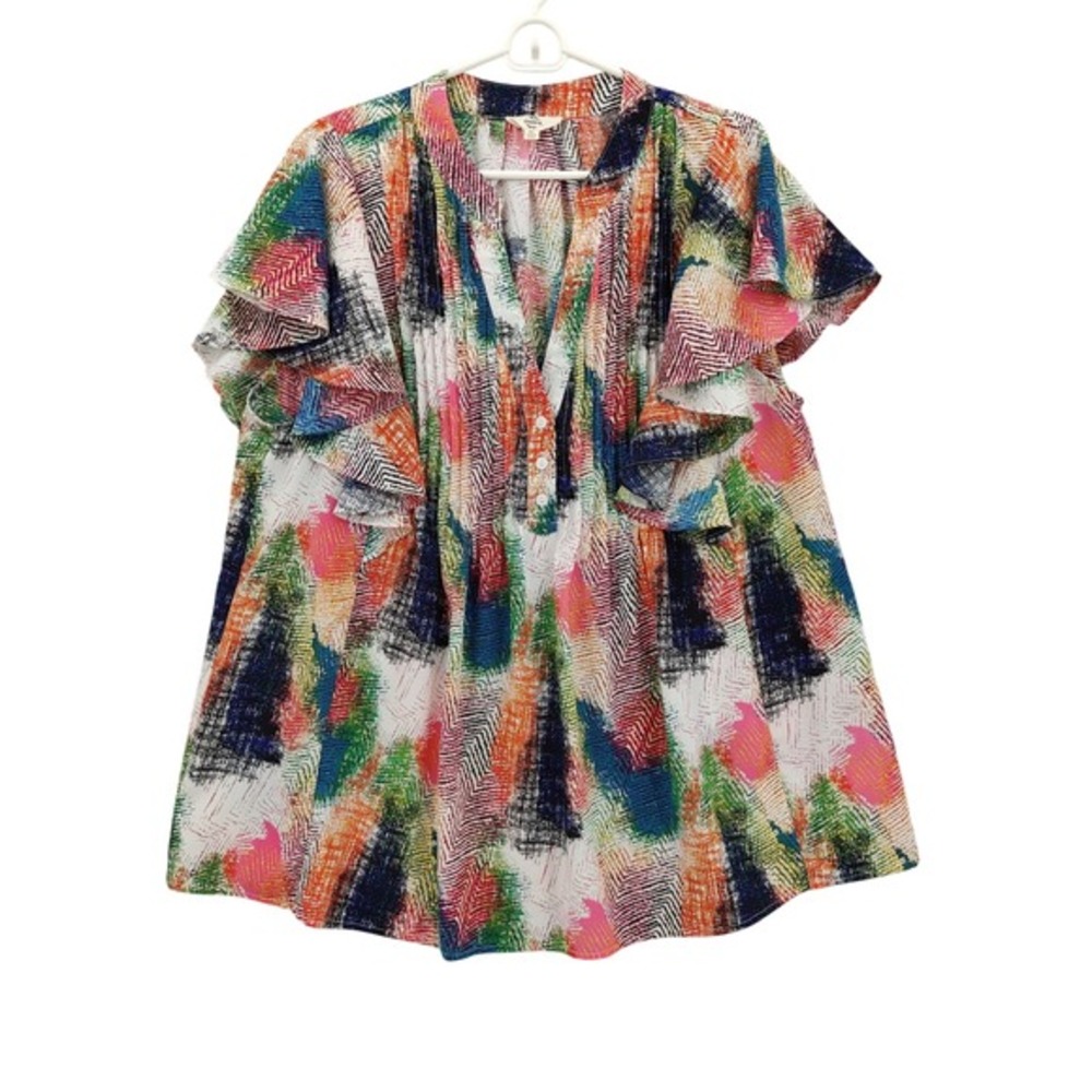 Entro Women Maximalist Artsy Abstract Ruffle Sleeve Button Neck Blouse XL Top